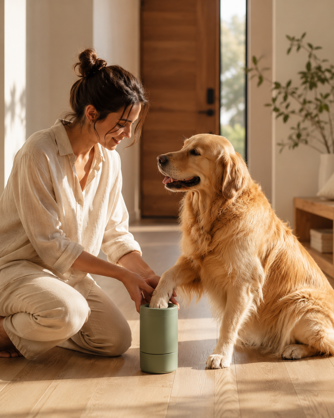 Owner cleaning dog paws
