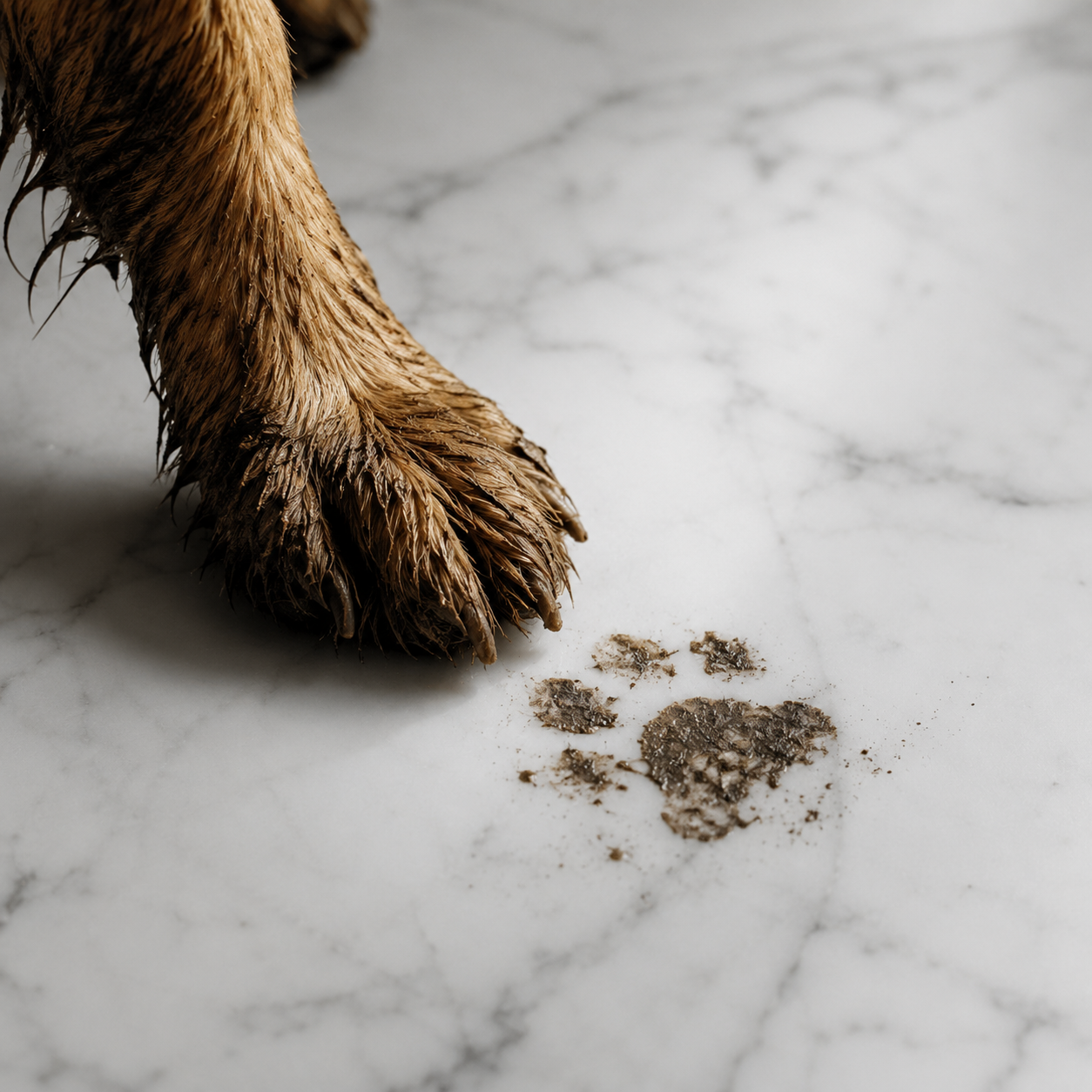 Muddy paw on floor